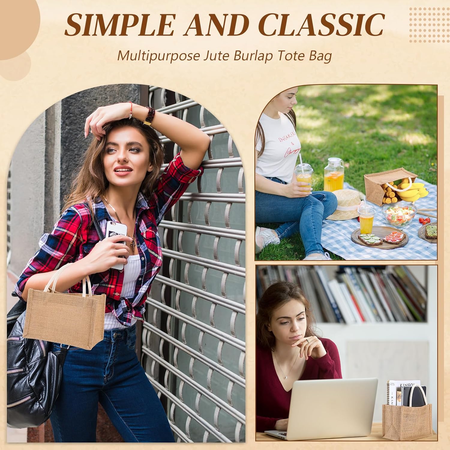 Cunno 24 Pcs Burlap Tote Bag Mini Jute Reusable Bag with Handles Small Blank Canvas Gift Bag Waterproof for Wedding Beach DIY(9.06 x 6.3 x 5.12,Classic) - Image 5