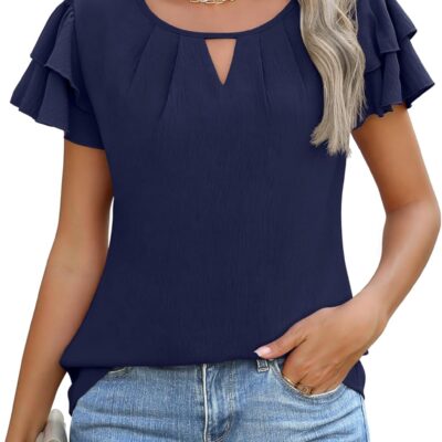 Womens Tops Dressy Casual Business Work Blouses Short Ruffle Sleeve V Neck Cute Summer Shirts Trendy Outfits