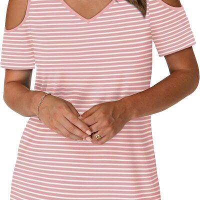 OFEEFAN Womens Tops Cold Shoulder Short Sleeve V Neck Tee Shirts Summer Spring Dressy Casual Plain/Printed