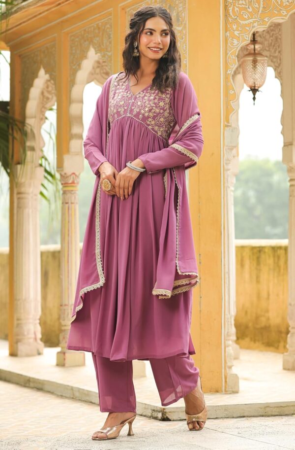 Janasya Indian Women's Georgette Yoke Embroidered A-Line Kurta Set - Image 6