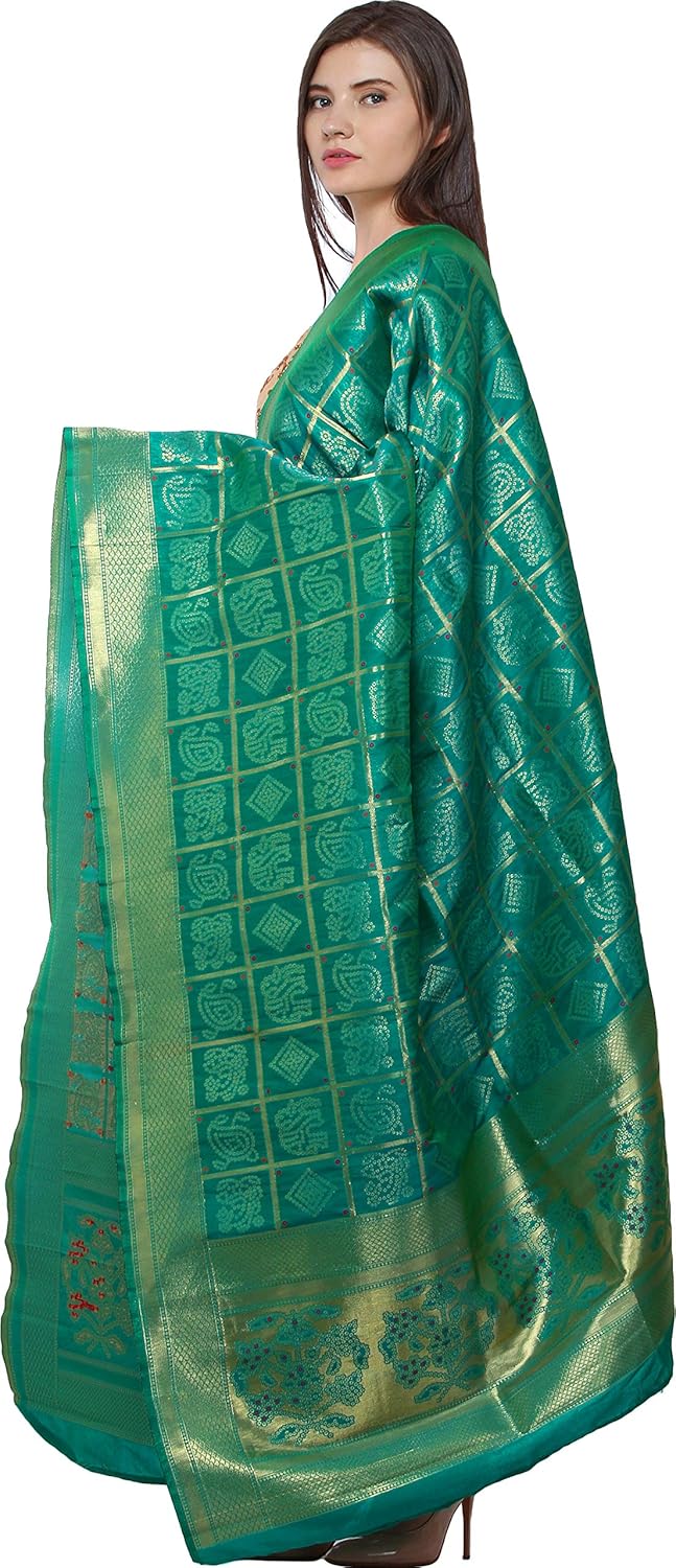 Exotic India Bandhani Gharchola Dupatta with Zari Weave and Brocaded Border - Art Silk - Image 2
