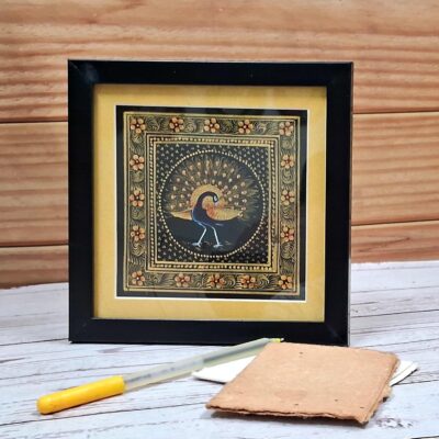 Purpledip Silk Cloth Painting Golden Pecock: Indian Rajasthani Intricate Artwork Framed For Table Top Or Wall Hanging; Collectible Miniature Art (12477)