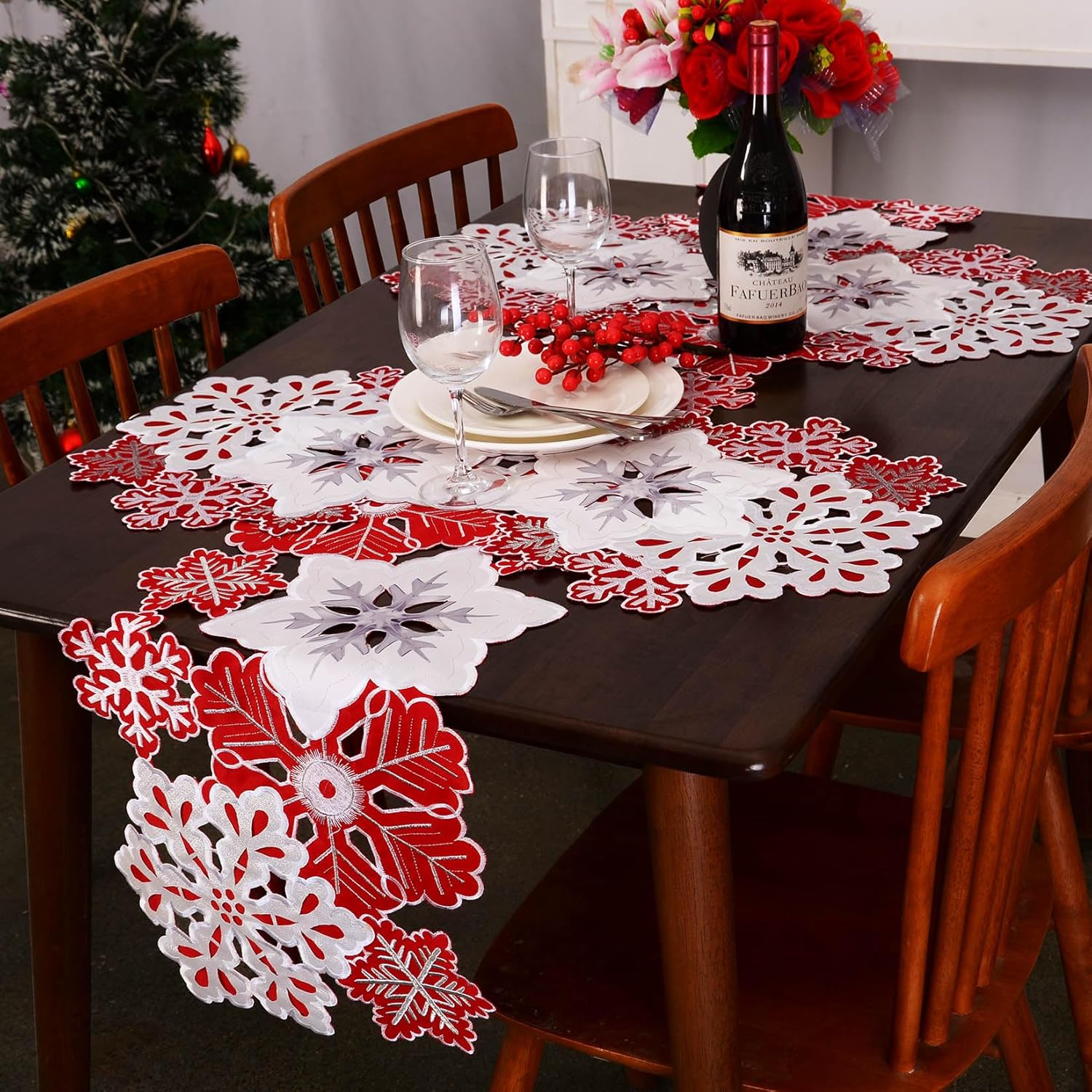 Grelucgo Embroidered Red, Silver and White Snowflake Table Runner, Christmas Party Decor, Winter Holiday Decorations (14x107 inches) - Image 5