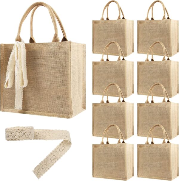 8 Pcs Burlap Tote Bags Bulk, Reusable Jute Tote Bag with 10Yd Ribbon Blank Burlap Gift Bag with Handle Waterproof Beach Tote Bag for Shopping Bridesmaid Gifts Bag 12.2''x10.6''x6.3''