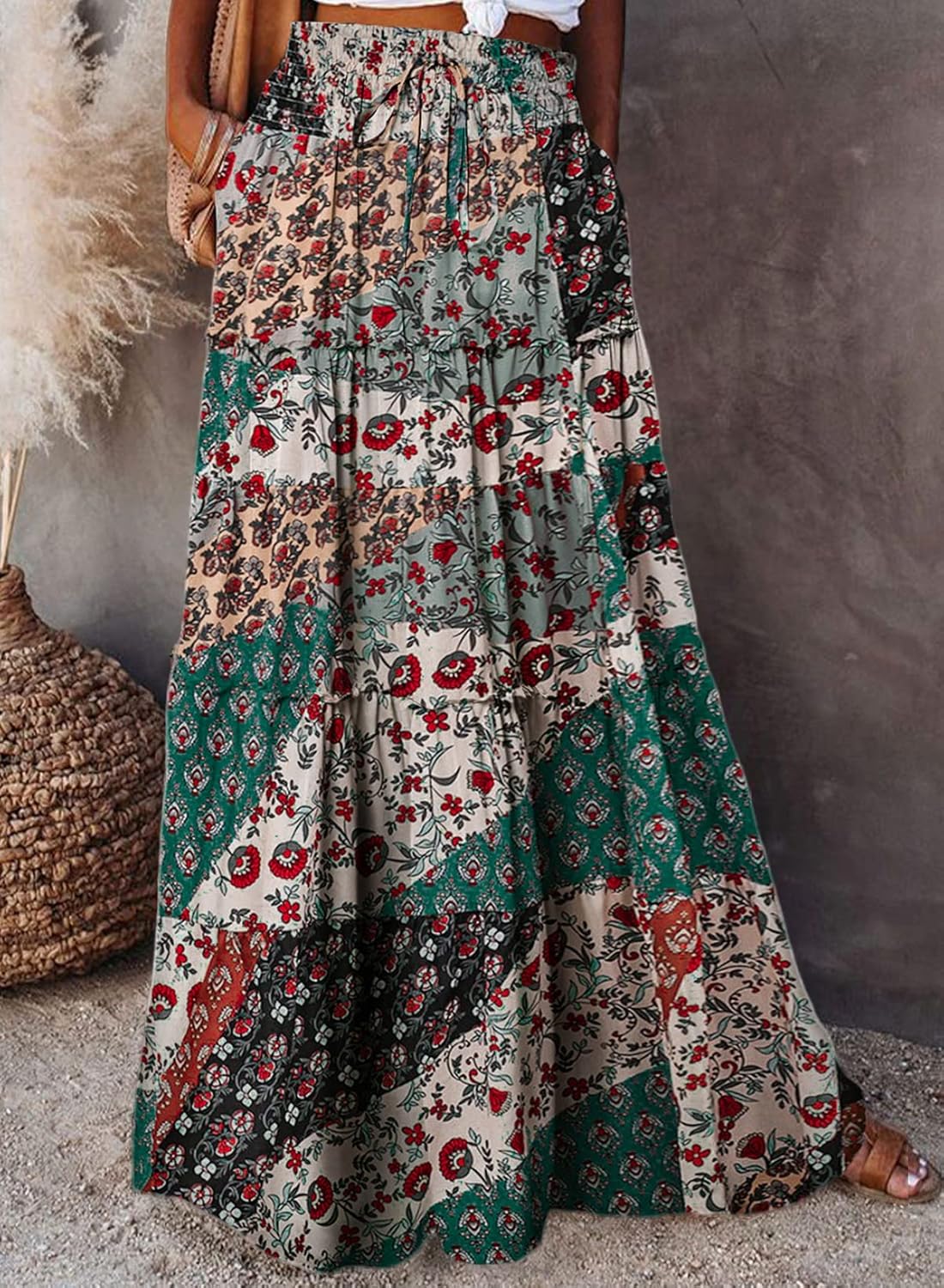 EARKOHA Womens Casual High Waist Tie Paisley Print Long Maxi Skirt with Pockets - Image 3
