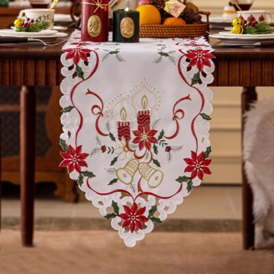 Joyfol Day Christmas Embroidered Table Runner 14 x 33 Inch, Cutwork Poinsettia Holly Leaves Candle Bell Table Runners, Tabletop Decoration for Winter Holiday Xmas/Dinner Party