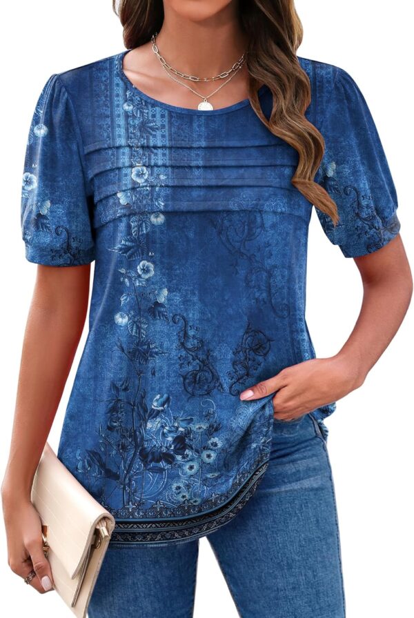Zeagoo Womens Short Sleeve Tops Floral Boho Shirts Pleated Crewneck Summer Outfit Puff Sleeve Blouses Casual Tunic
