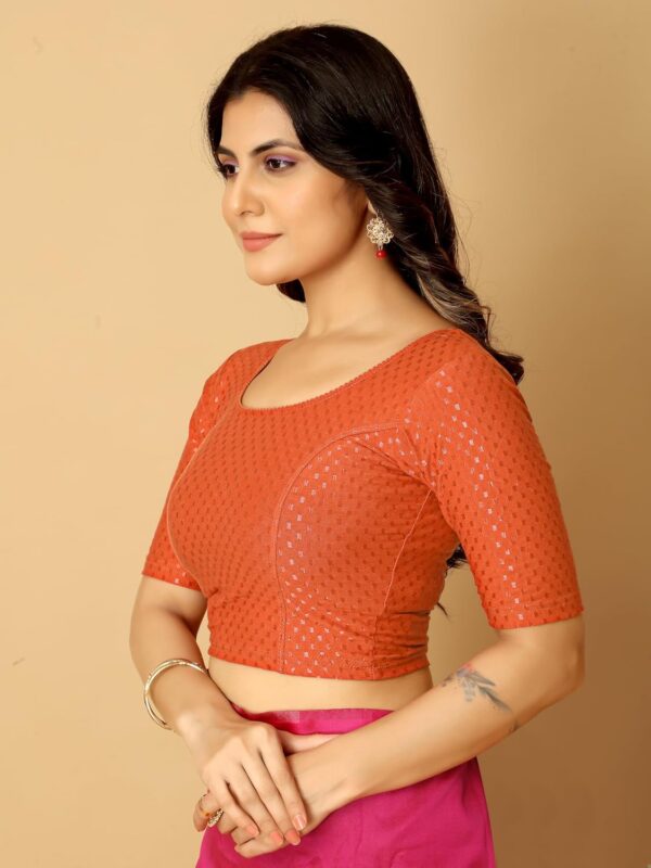 Women's Round Neck Cotton Dobby Lycra Elbow Sleeve Readymade Saree Blouse - Image 3