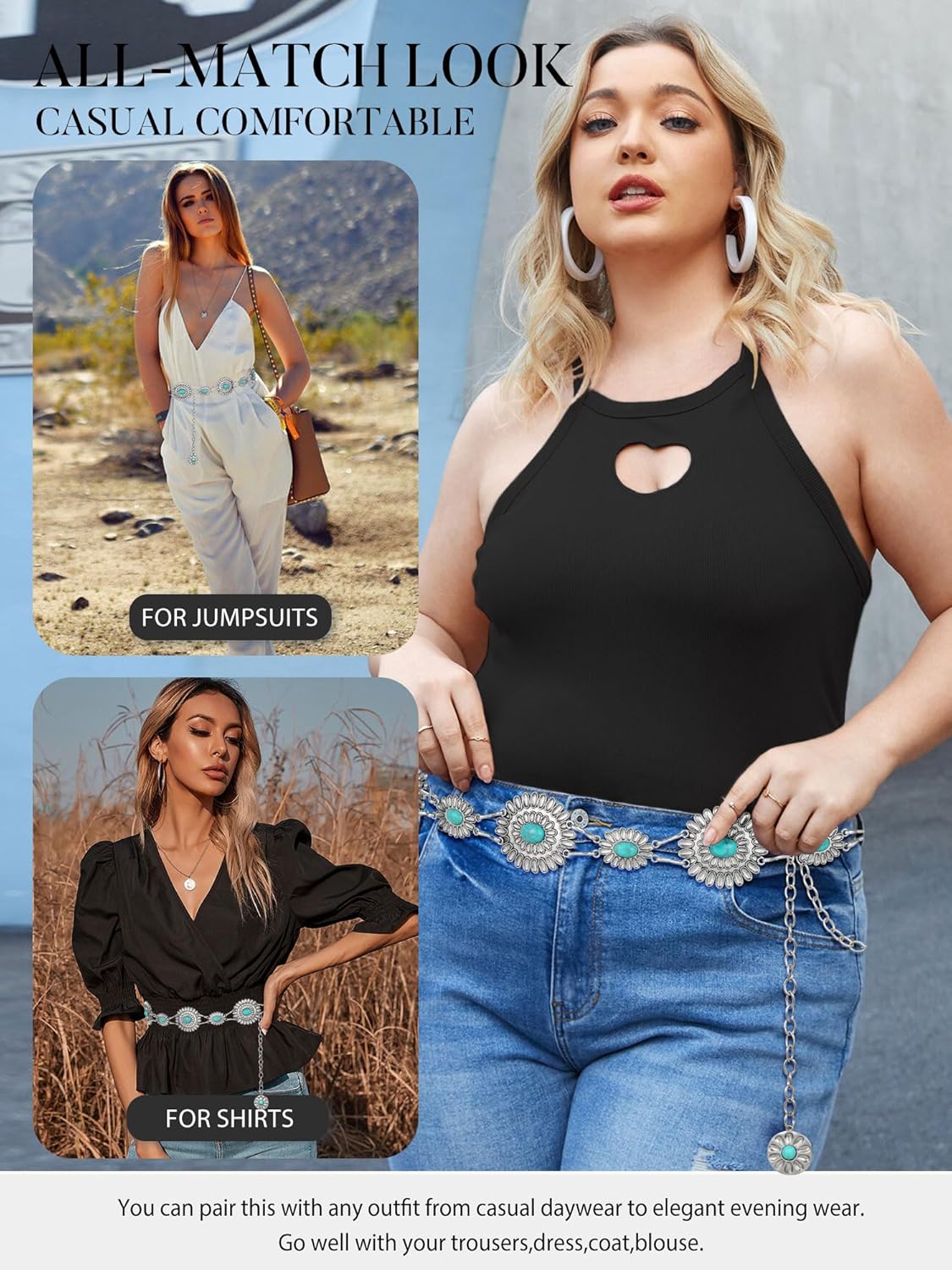 FIORETTO Metal Waist Chain Link Belt for Women Western Cowgirl Boho Turquoise Belts for Dress Jeans Country Concert Outfit - Image 7