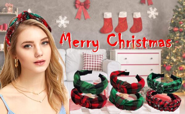 2PCs Christmas Wide Knotted Plaid Headbands Fashion Vintage Turban Hair Band Retro Criss Cross Christmas St. Patrick's Day Headband for Women Girl Xmas Hair Accessories (Red + Green 1) - Image 2