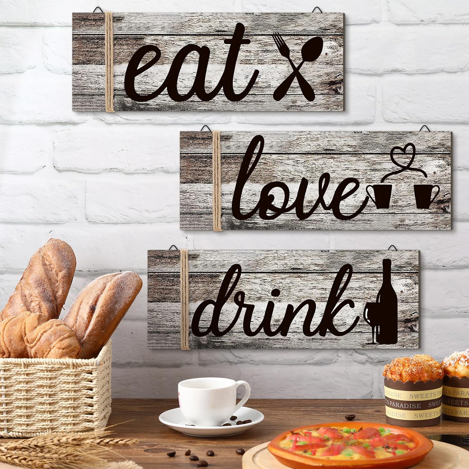Jetec 3 Pcs Farmhouse Kitchen Wall Decor Eat Sign Rustic Wooden Kitchen Sign Wood Home Sign Eat Drink Love Sign with Hanging Hole for Home Kitchen Living Room Bar Decor (Classic Color,Rustic Style) - Image 3