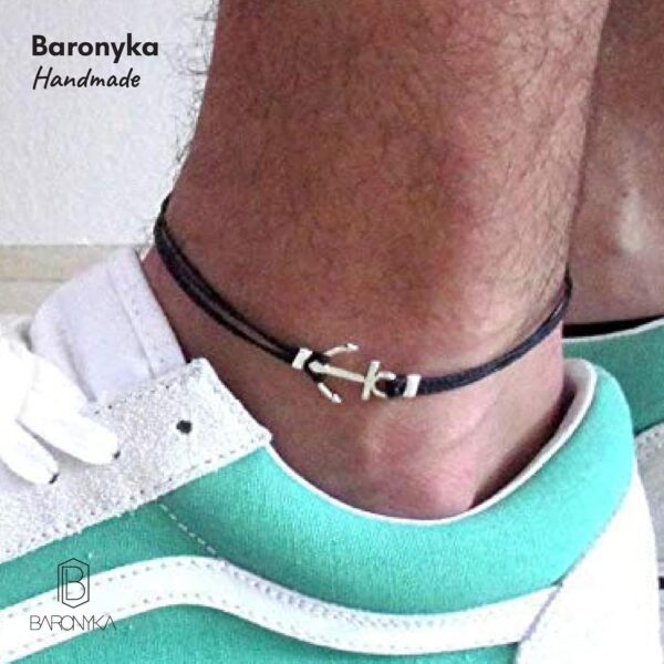 Baronyka Men's Handcrafted Anklet, Wax Cord, Stainless Steel, Adjustable Length, Durable for Everyday Wear and Modern Look (Black Cord Anchor) - Image 5