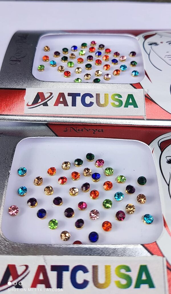 ATCUSA 140+ Bindi Dots Diamond Crystal Fake Nose stud/Ear Stud Indian Crafts bindi stickers Indian Bindi for women Face Jewels Gold black Multi tattoo Packet (Multi Colored Crystal Stones - Size 3mm) - Image 4