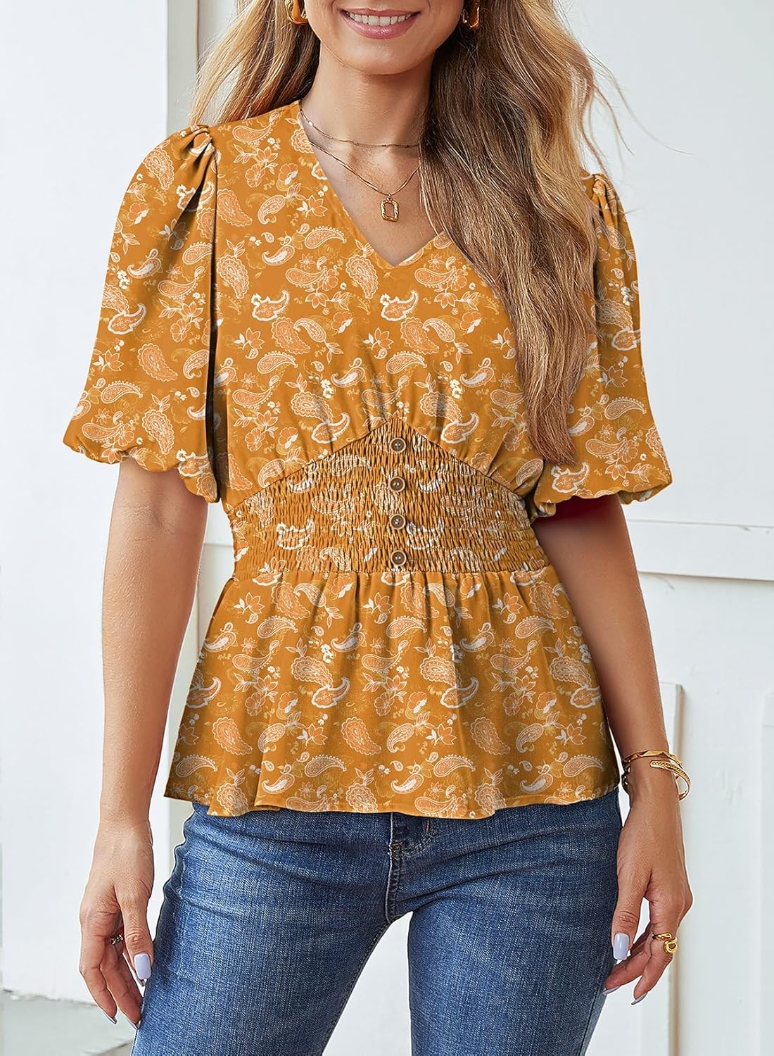 Dokotoo Womens Floral Print Ruffle Half Sleeve Blouses V Neck Decorative Buttons Elastic Waist Casual Summer Tops - Image 4