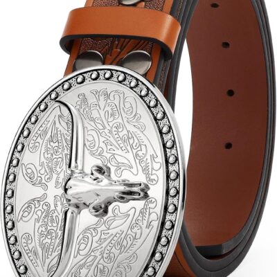 JASGOOD Western Belt Cowboy Belts for Men Women, Cowgirl Western Country Leather Belts Embossed Leather Belt for Jeans Pants