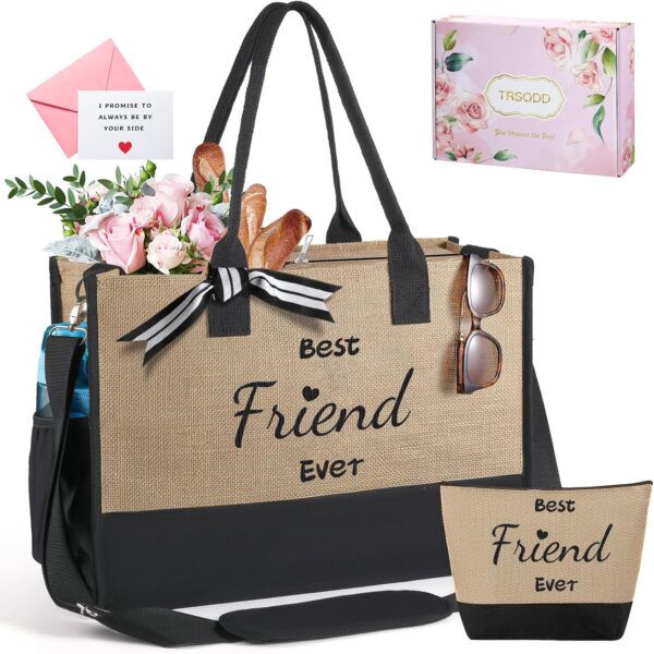 TRSODD Birthday Gifts for Women Friendship, Christmas Best Friend Birthday Gifts for Women, Embroidery Ju-te Straw Tote Bag for Women, Beach Bag w Makeup Bag Inner Pocket Shoulder Strap Gift Box Card