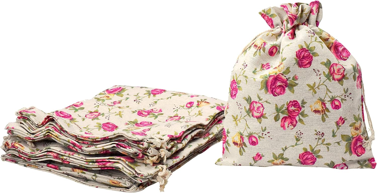Mandala Crafts Rose Burlap Drawstring Bags - Floral Gift Bags – Flower Linen Burlap Bags with Drawstring Small Pouches for Wedding Party Favor Jewelry 30 Bags 6X8 Inches