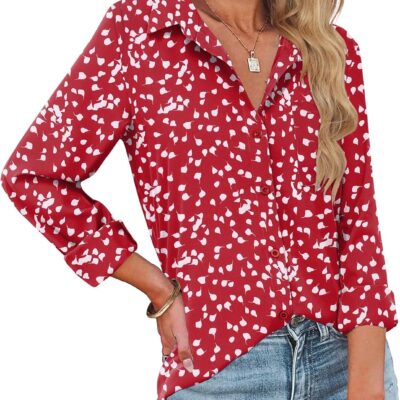 HOTOUCH Womens Button Down Shirts Long Sleeve Dress Shirts Casual V Neck Collared Tops Work Office Blouse with Pocket