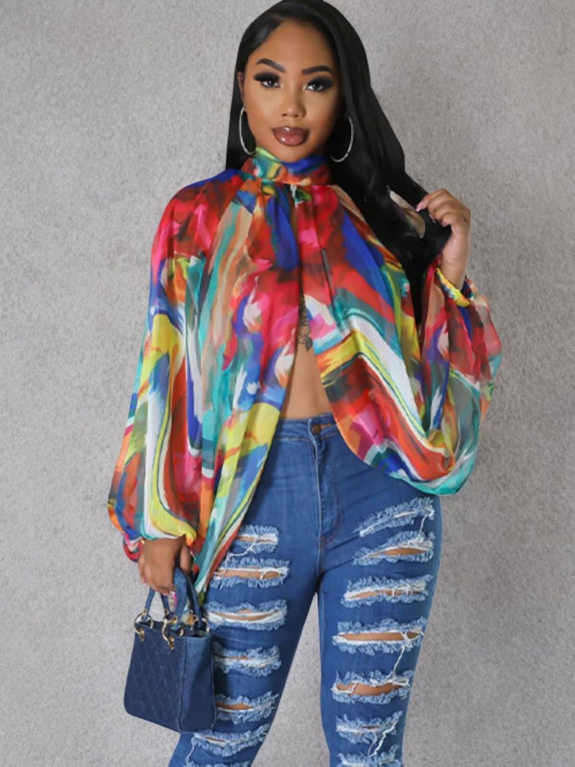 Sexy Tops for Women Party Club Night Batwing Sleeve Chiffon Sheer Self Tie Back Front Open Women Shirts Casual Summer - Image 8