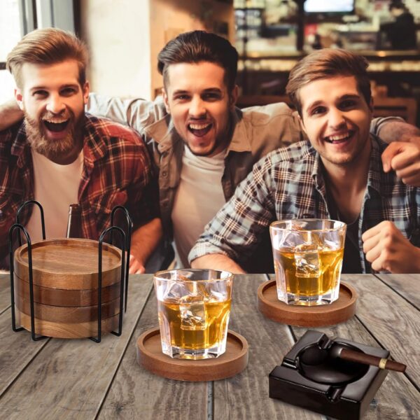 6 Pcs Best Wooden Coasters with Holder Coffee Table Coasters for Drink Acacia Wood Coaster Set Modern Cup Coasters Home Dining Table Decor Cute Beer Bar Coasters Decorative Rustic Outdoor Coasters - Image 6