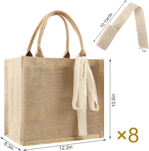 8 Pcs Burlap Tote Bags Bulk, Reusable Jute Tote Bag with 10Yd Ribbon Blank Burlap Gift Bag with Handle Waterproof Beach Tote Bag for Shopping Bridesmaid Gifts Bag 12.2''x10.6''x6.3'' - Image 2