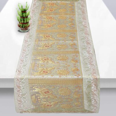 Indian Handmade Elephant Design Table Runner Traditional Decorative Ethnic Kitchen Table Cloth for Wedding Bridal Birthday Party Decorations Bridal Shower Baby Shower, 60 X 16 White & Gold Color