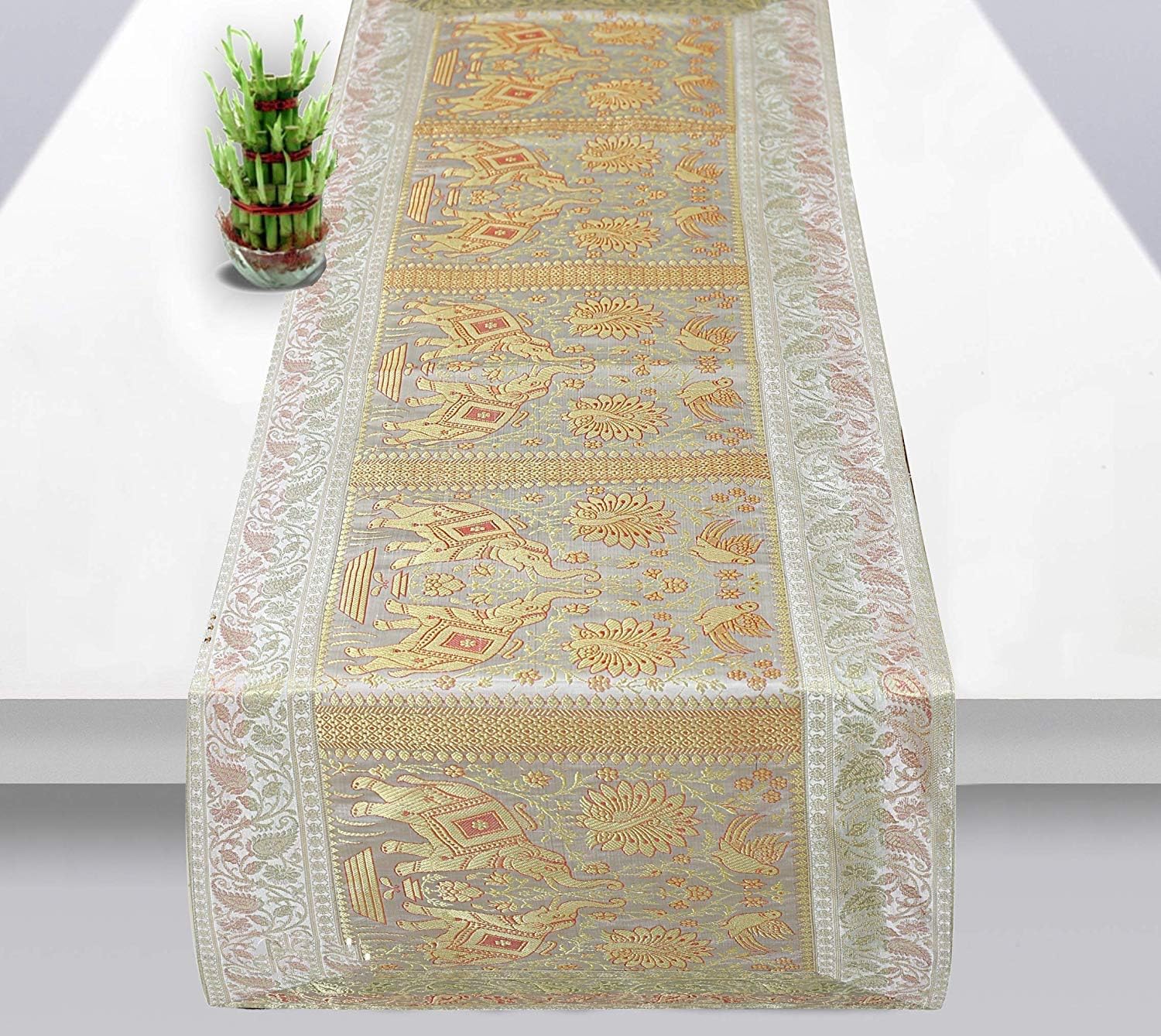 Indian Handmade Elephant Design Table Runner Traditional Decorative Ethnic Kitchen Table Cloth for Wedding Bridal Birthday Party Decorations Bridal Shower Baby Shower, 60 X 16 White & Gold Color