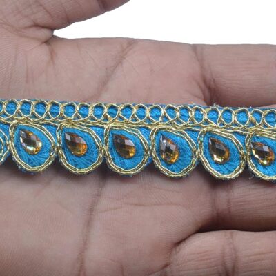 Kundan Stone Colorful Leaf Buta Flower Lace & Border Material 9.2 Yards / 8.5 Mtr for Duapatta, Lehenga, Saree, Palazzo, Anarkali Suits (Width : 2cm) (Turquoise Blue), (ART-29062022D)