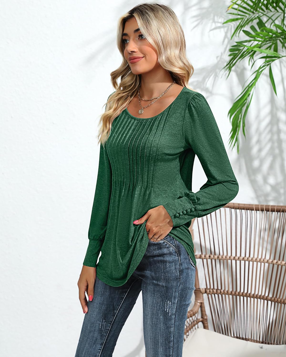 Ficerd Women's Puff Long Sleeve Tunic Tops Pleated Crew Neck Blouses Dressy Casual Loose Fit Winter and Spring Shirts - Image 6