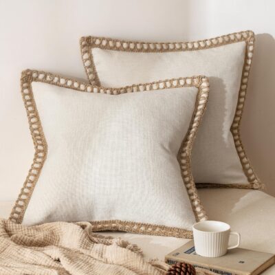 MIULEE Pack of 2 Decorative Linen Pillow Covers Modern Farmhouse Christmas Throw Pillow Covers Rustic Burlap Outdoor Linen Cushion Covers for Sofa Couch Bed Natural White 18 x 18 inches, 45 x 45 cm