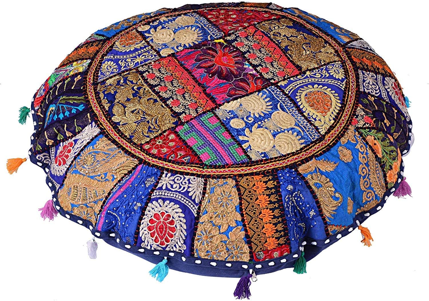 Indian Handmade Patchwork Codework Round Pouf Cover Ottoman Floor Pillow Cushion Seating Throw Decorative Pom Pom Pillow Cases Boho 32 Inches Royal Blue BFPC0105