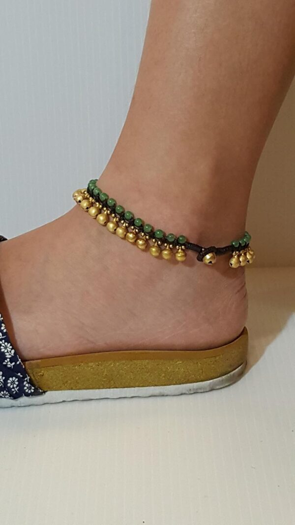 Infinityee888 Trendy Fashion Anklet Green Jade and Brass Bell Ankle Bracelet 10 Inches Woven with Wax Cord Beautiful Handmade Hippie Bohemian Style - Image 3