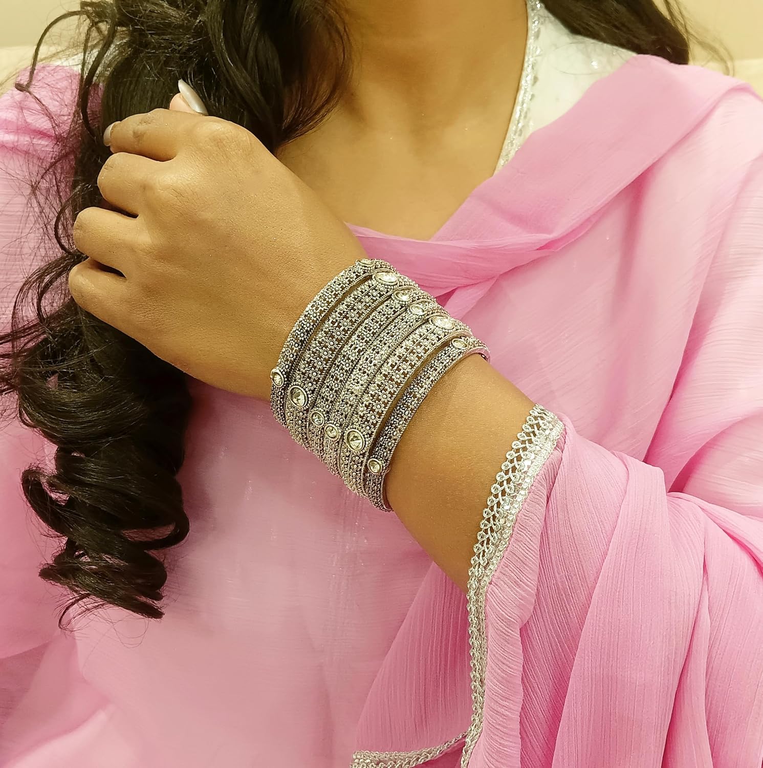 Efulgenz Indian Oxidized Bangles Bracelet Set Boho Bohemian Jewelry Antique Engraved Floral Crystal Bracelet Bangle Set Fashion Statement Jewelry Set For Women - Image 4