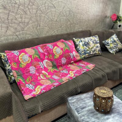 Indian Handmade Stitched Pure Cotton Fruit Print Kantha Quilt, Reversible Kantha Quilt, Home Dorm Decor Bedspread, Kantha Blanket Throw, (Royal Pink, Twin 90" x 60")