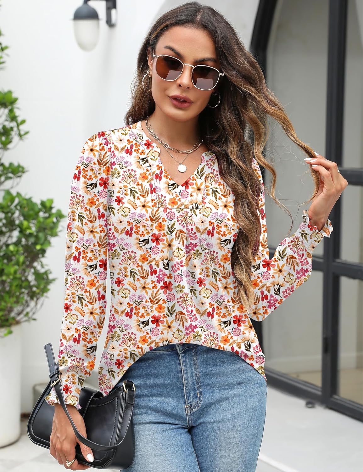 Womens V Neck Long Sleeve Blouses Tops 2024 Fall Fashion Ruffle Cuffs Dressy Casual T-Shirts - Image 4