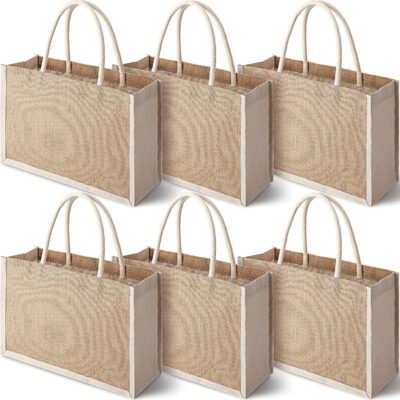 Nuogo 6 Pcs Burlap Gift Bags Jute Tote Bags with Handle Medium Reusable Jute Canvas Gift Favors Bag for Christmas DIY Women Market Grocery Shopping Beach Trip Bridesmaid Wedding 12.6 x 8.66 x 5.12 in
