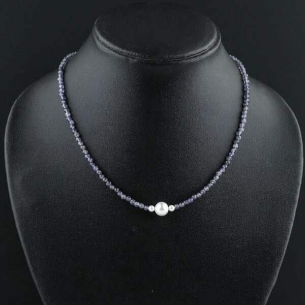 Natural Iolite Gemstone Choker Necklace, Shell Pearl Beads, Handmade Jewelry, Healing Stones & Crystals, Silver Plated Chain, Birthstone, Gifts for Women, 18inch, Mother's Day Gifts - Image 5