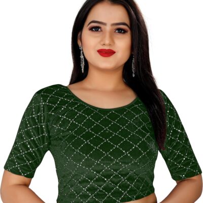 KNETLI Velvet Readymade Blouse- Round Neck, Stretchable, Half Sleeve, Embroidery checks desing