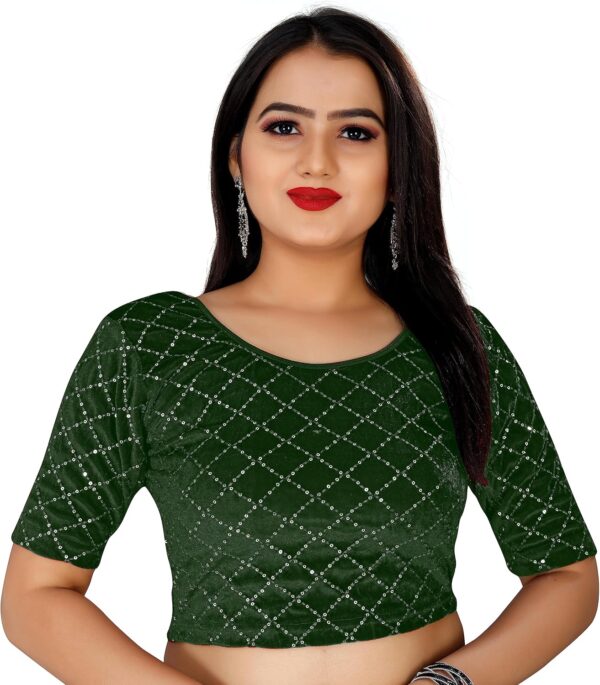 KNETLI Velvet Readymade Blouse- Round Neck, Stretchable, Half Sleeve, Embroidery checks desing