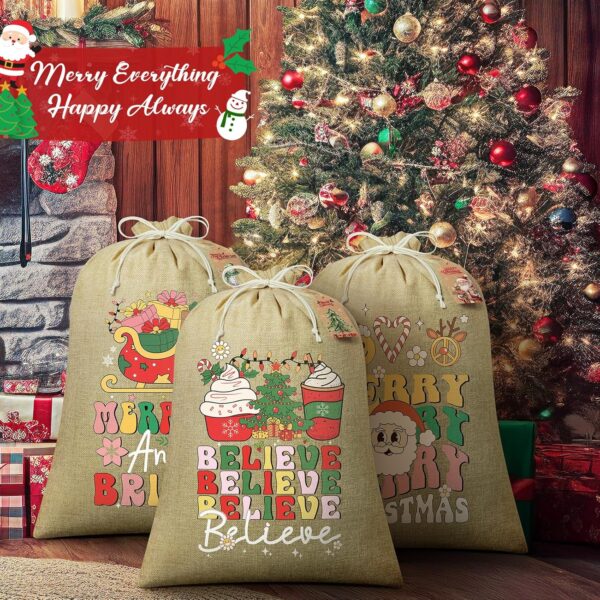 3PCS Large Burlap Christmas Drawstring Gift Bags with Tags, 18x24in Linen Christmas Gift Bags, Big Holiday Gift Bags Reusable Gift Wrapping Bags Jute Santa Sack for Xmas Present Party Favors - Image 4