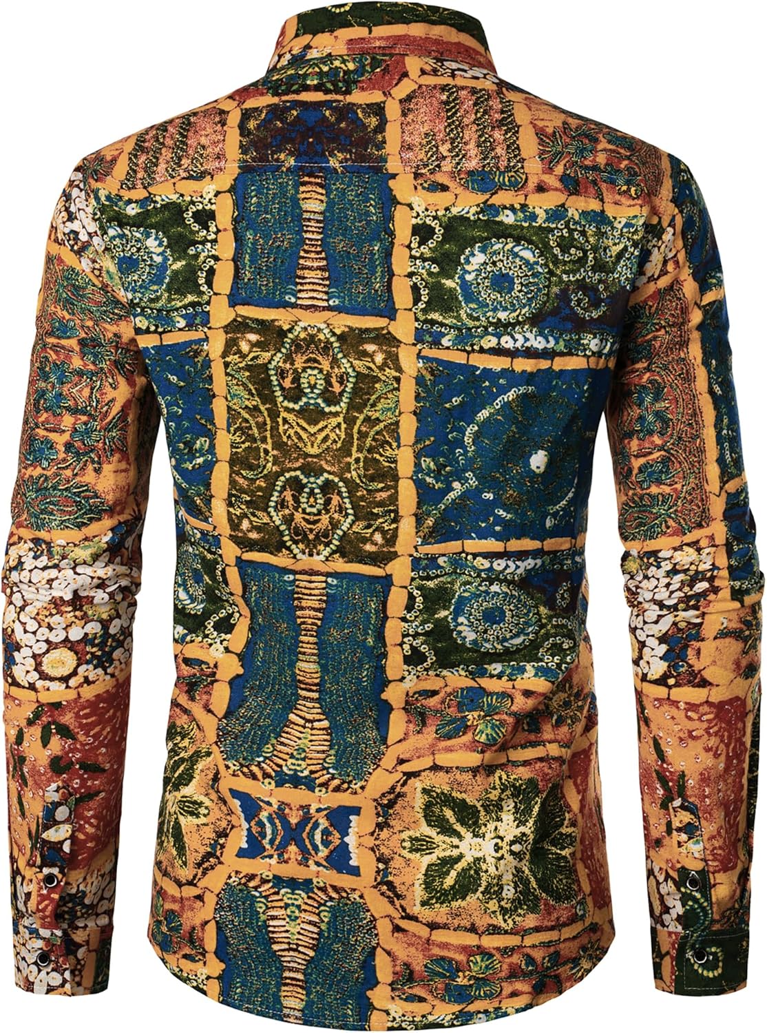 Men's Cotton Linen 70s Disco Retro Traditional Pattern Printed Long Sleeve Button Down Shirt - Image 3