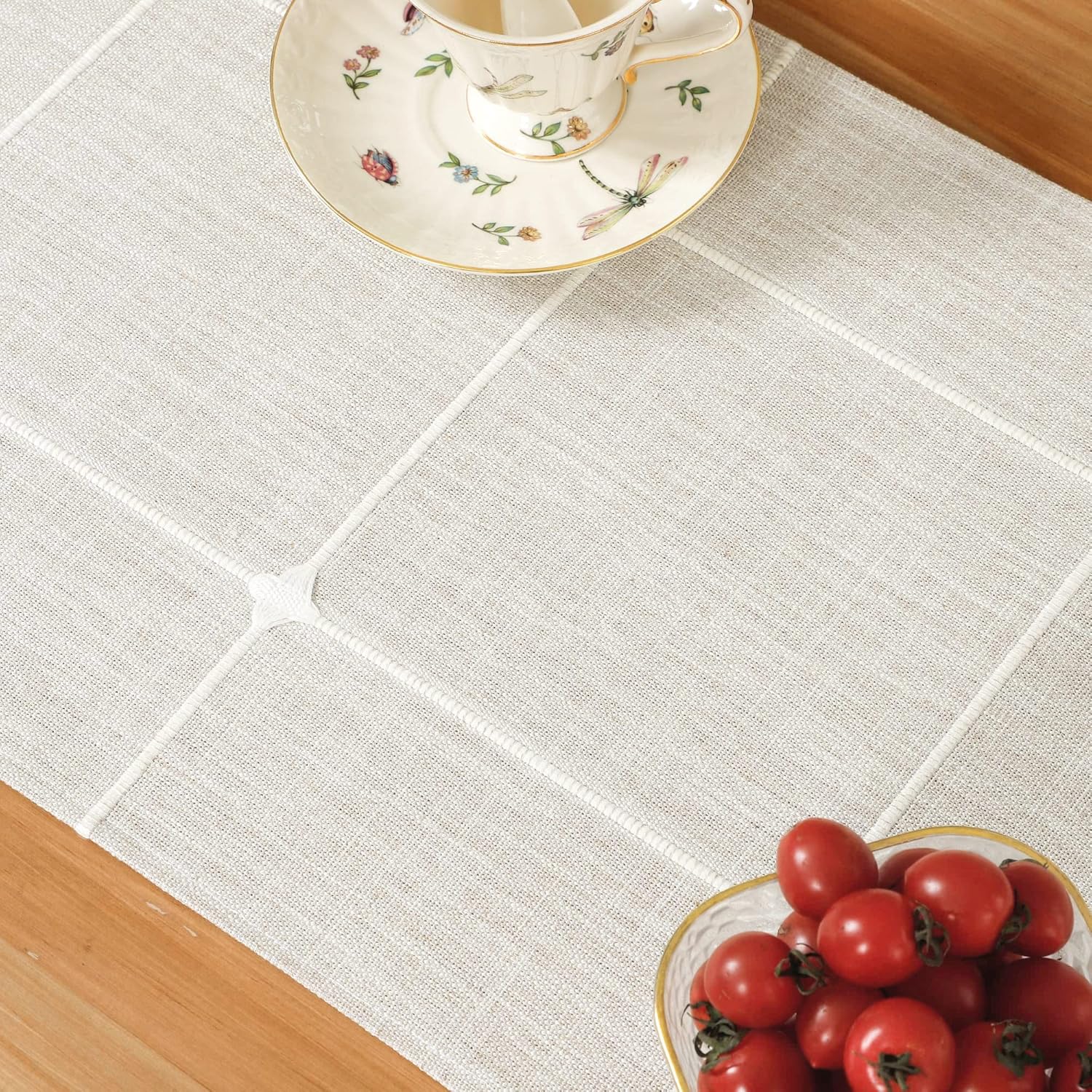 Embroidered Cloth Table Runner Rustic Plaid Farmhouse Table Runners Checkered Rectangle Runnerl for Dinning Dresser Coffee Party Holiday Table Decor Off White 13 x 48 inch - Image 6