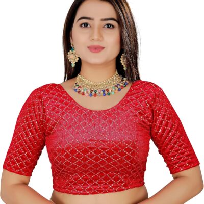 KNETLI Velvet Readymade Small Checks Blouse -Stretchable,Round Neck,Half Sleeve