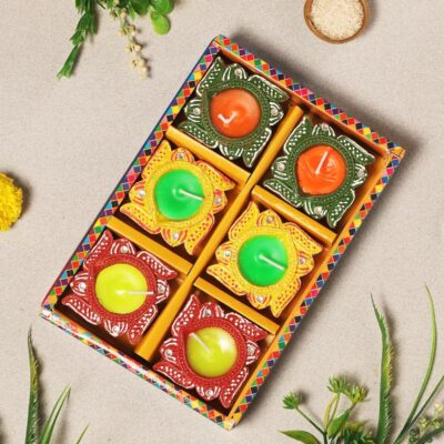 Set of 6 Wax Diya Diwali Decoration Item Gift Terracotta Colorful Handmade Earthen Decorative Clay Diya Wax Lamp Diwali Gift Box Navratri Puja Festival Lighting