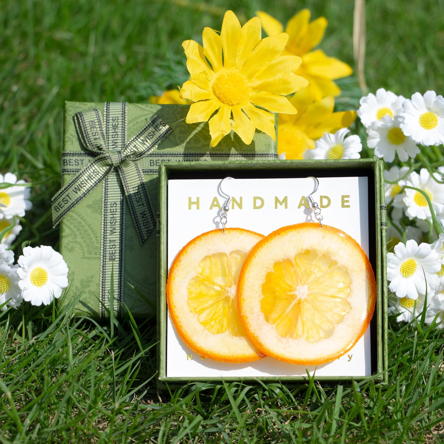 Handmade Real Orange Fruit Earrings, Green Pressed Orange Natural Earrings, Dried Orange Resin Jewelry, Mother's Day Gift(Silver Hooks) - Image 4