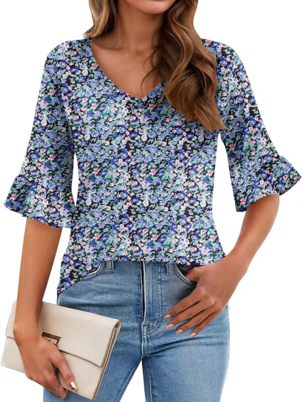 Zeagoo Womens Tops Casual V Neck Shirts Floral Solid Blouse Ruffle Tunics 3/4 Sleeve Tshirt S-XXL