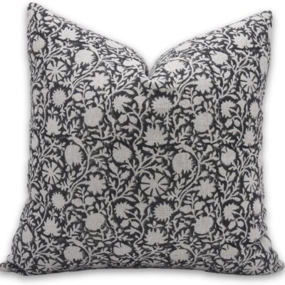Handmade Block Print Thick Linen Throw Pillowcase 18X18 Inch Cushion Cover with Hidden Zipper, Fall Season, for Sofa, Bed and Couch, Farmhouse, Home Décor, Living Room, Chkkri, Light Black