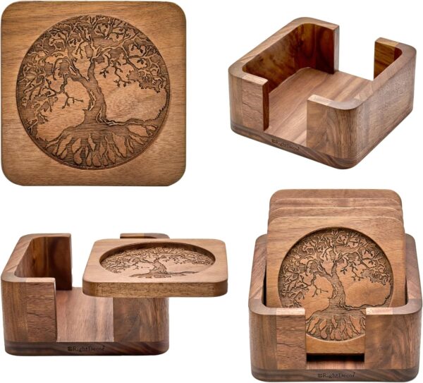 Walnut Coasters Set of 4 with Holder Update November 2024 Wooden Coasters Coasters with Holder Wood Coasters Coasters Cup Coasters for Table Wood Coasters for Drinks Brown Coasters Square Coasters - Image 3