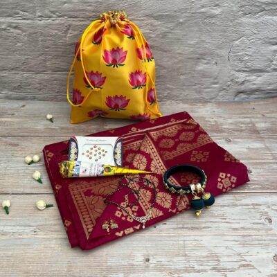 LOVENSPIRE Karva Chauth Puja Gift Hamper Navaratri Vratha Varalakshmi Vratham Hindu Teej Pooja Housewarming Return Gifts - Potli Bag Dupatta Mangalsutra with Earrings Bangle Bindi Mehndi Cone