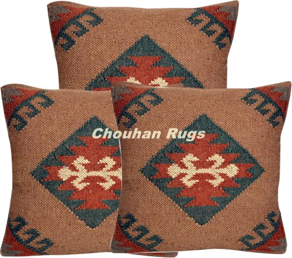 3 PCS Set of Indian Kilim Jute Cushion Cover 18x18 Vintage Ethnic Handmade Art Rug Pillows Case Hand-Loom Cushion Covers